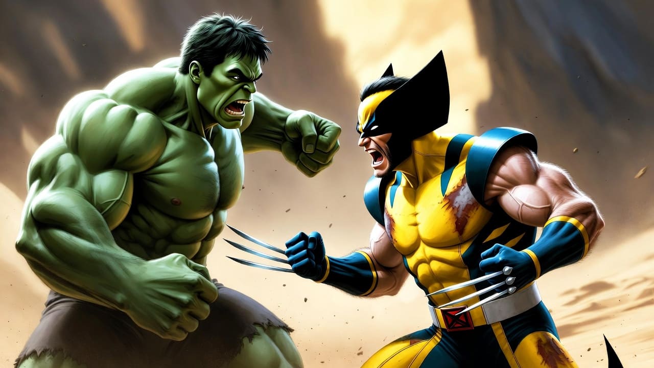 Fan art or concept art of Wolverine fighting the Hulk