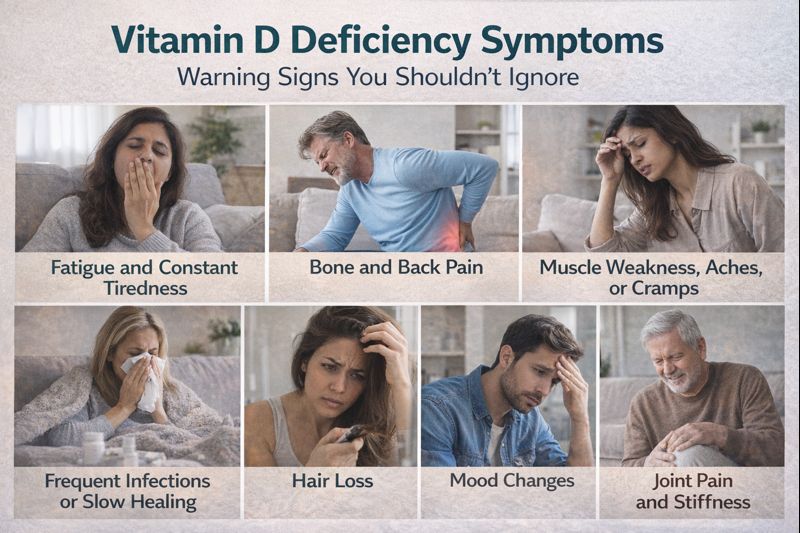 Diagram showing Vitamin D sources, deficiency symptoms, and body effects