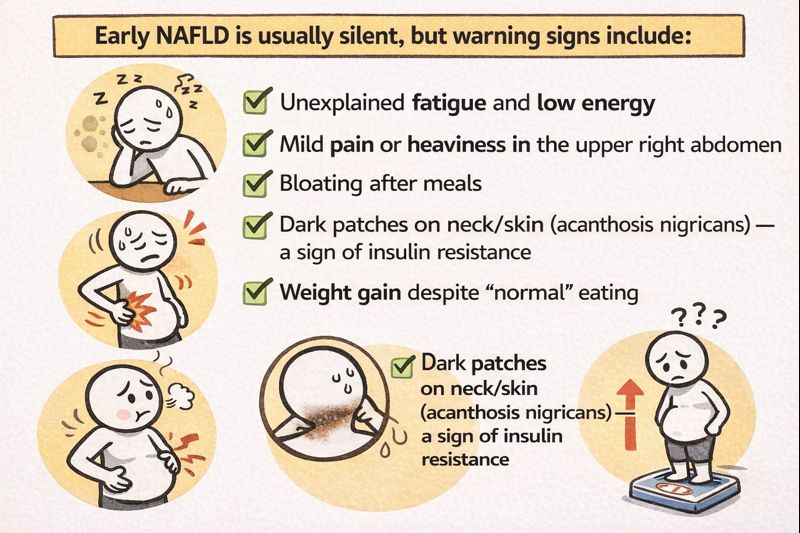 Infographic showing causes, symptoms, and reversal tips for fatty liver